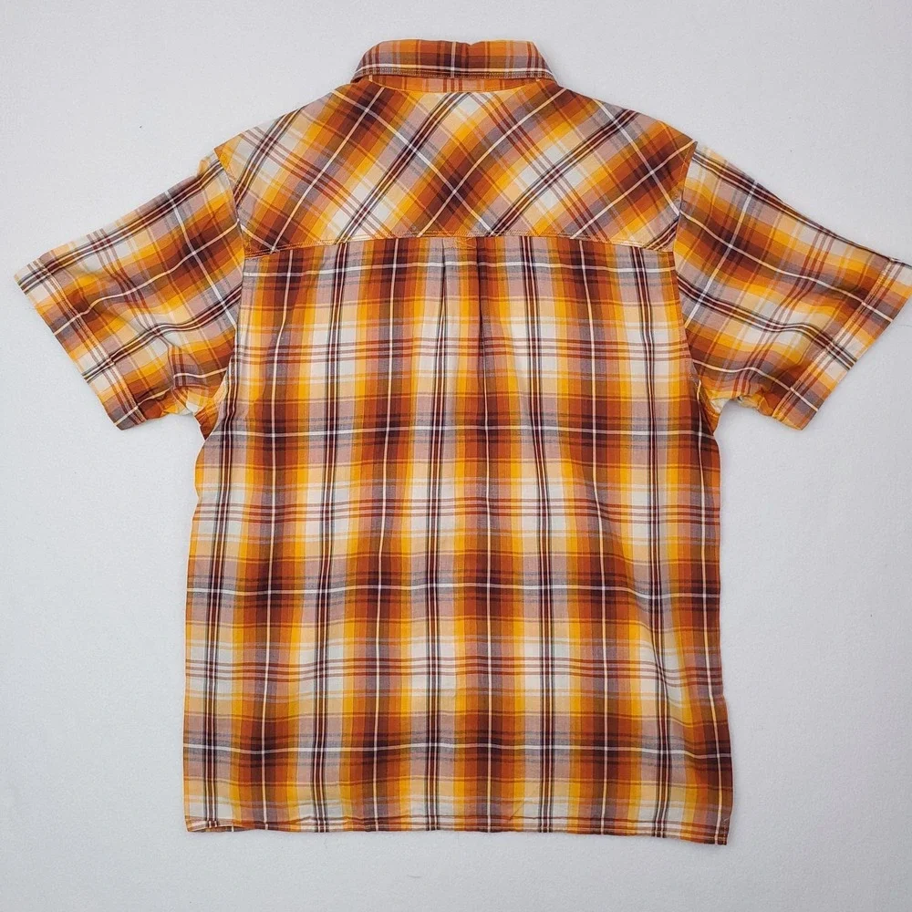 North Face Shirt Mens Small Orange Yellow Plaid Short Sleeve Button Up Outdoor